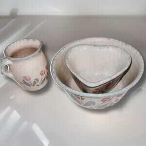 Vintage Speckled Stoneware Mixing Bowl Set | 80s Farmhouse Kitchen Decor